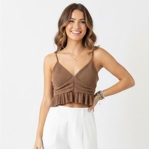 Urban Outfitters Brown Ribbed Peplum Crop Top Size Medium